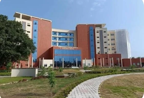 Hospital building with a blue glass entrance