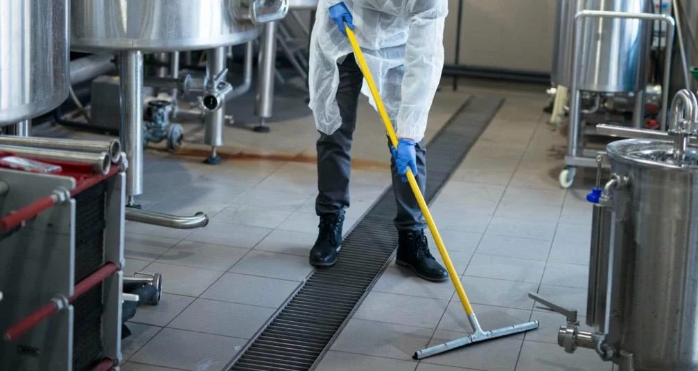 Worker in protective clothing cleaning the floor of a processing plant